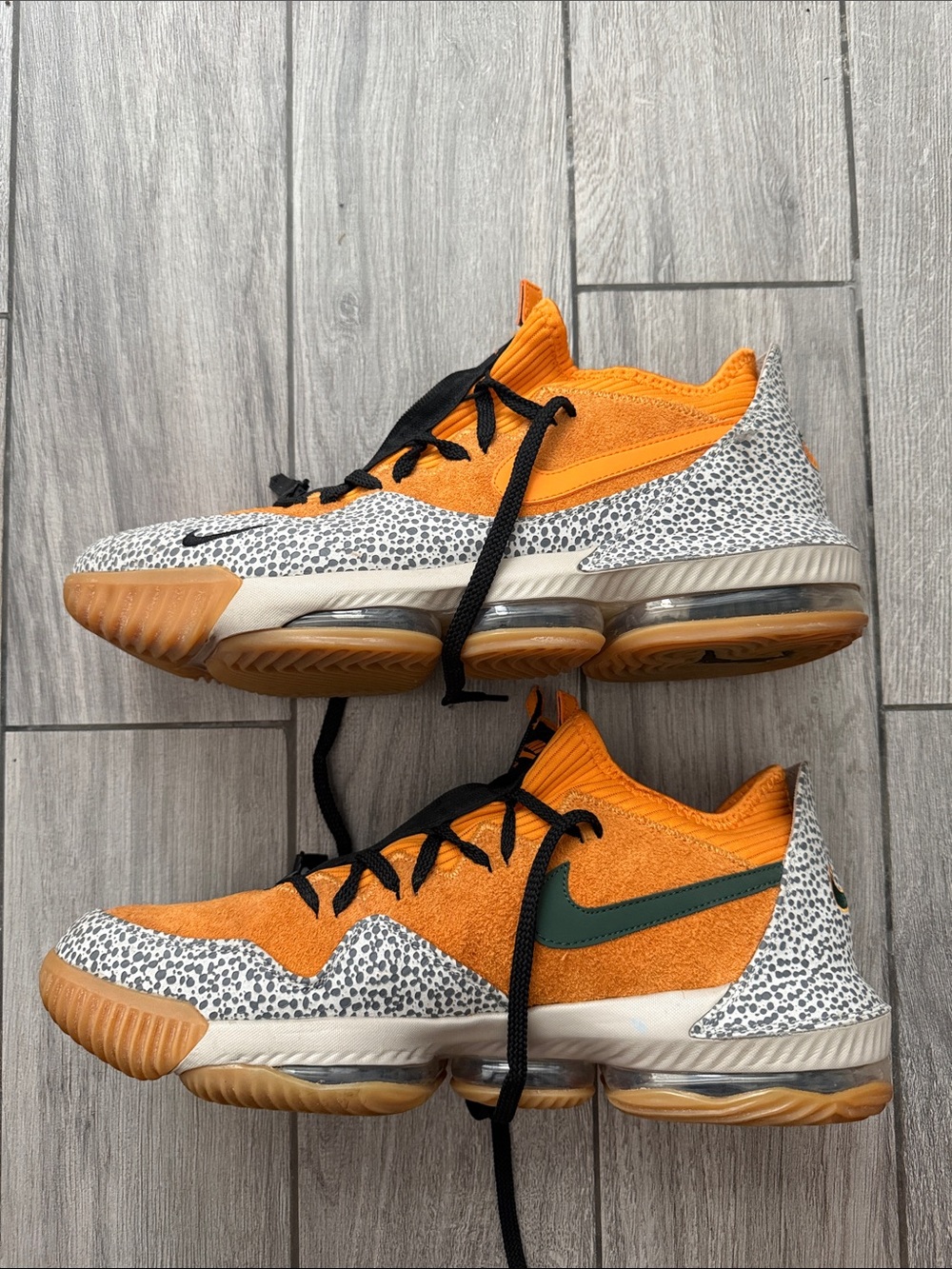 Nike Orange and Gray Athletic Shoes with Green Swoosh. LEBRON SAFARI.